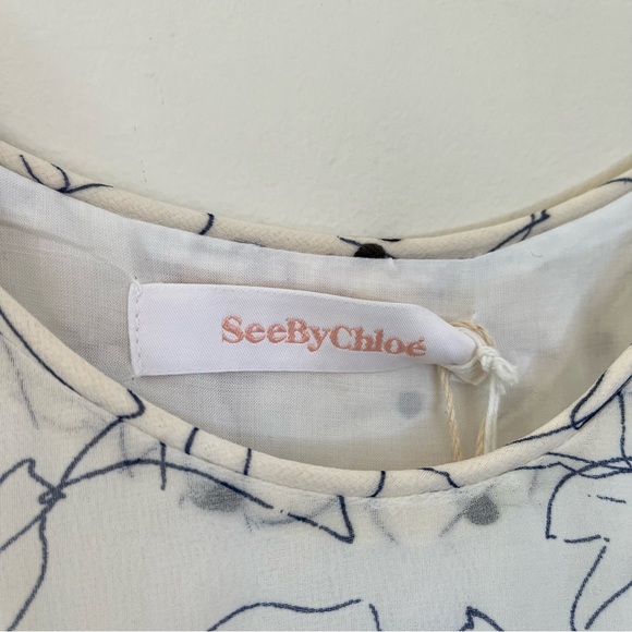 See by Chloe Ruffle Pleated Tiered Mini Shift Printed Tank Dress Cream 44/US 12 - Picture 5 of 11